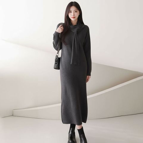 [르베리나] [머플러+원피스set]얼리 모던 무드 데일리 니트 롱 원피스