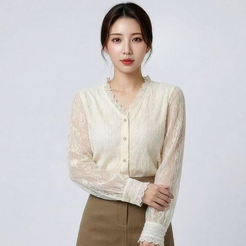 [르베리나] [∼88까지] 엘도 V넥 프릴 레이스 진주 시스루 블라우스