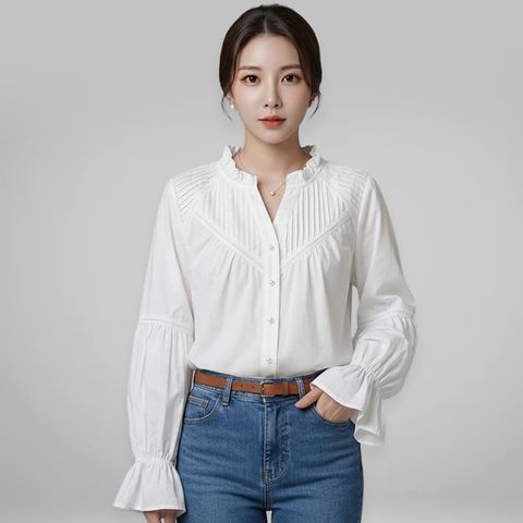 [르베리나] [∼88까지] 데제 프릴넥 핀턱 레이스 진주 블라우스