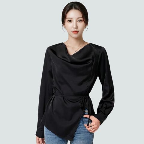 [르베리나] [∼77까지] 포헨 카울넥 실 블라우스 허리끈 드레이프 하객룩 슬림핏 블라우스
