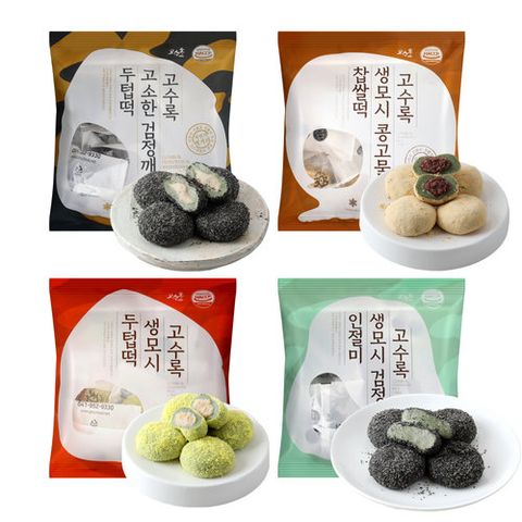 [고수록]떡 4종 세트, 총 4봉(검정깨두텁떡 1봉+콩고물찹살떡 1봉+생모시두텁떢 1봉+검정깨인절미 1봉)