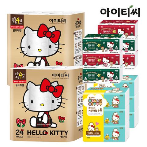 [윈터패키지]헬로키티 골드라벨4겹 화장지24롤2팩+ 팝업티슈6팩+키친타올6팩