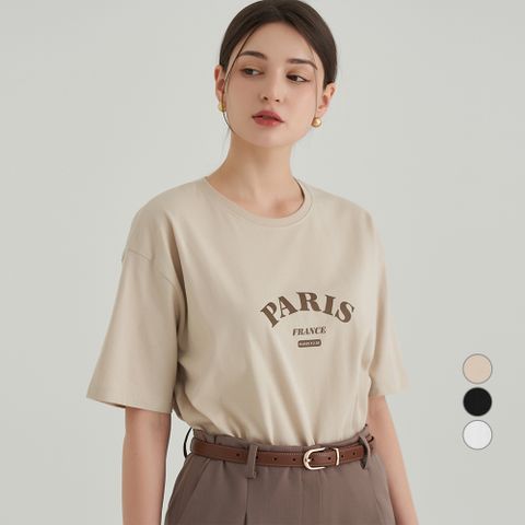 ELLE PARIS 루즈핏 파리 프린트 반팔 티셔츠, L, LIGHT BEIG...