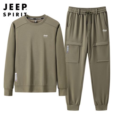 JEEP SPIRIT 지프 스피릿 소프트 기모 조거 트레이닝복 상하의 세트JP6862 +양말, 조거핏, 카키, XL