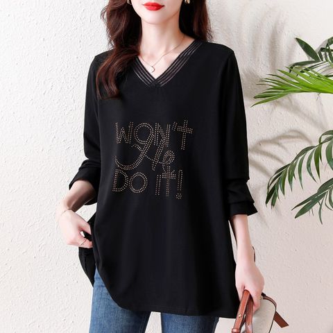 여성용 빅사이즈 중년여성 브이넥 긴팔 롱 티셔츠, 블랙, 3XL