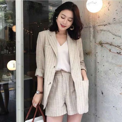 여자 여름정장셋업 린넨 반바지 정장 세트 수트 스트라이프 투피스, 핑크(슈트+반바지), 2XL