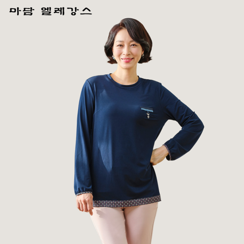 마담엘레강스 마담엘레강스 체크 배색 라운드 블라우스 K241BL01_네이비, 88, 네이비