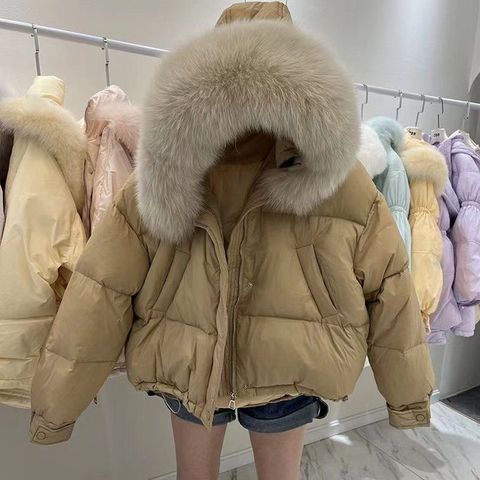 폭스퍼숏패딩 구스 점퍼 다운 여성 후드 퍼 겨울 하이넥 오리털, 카키색 인조 모피 ..., S