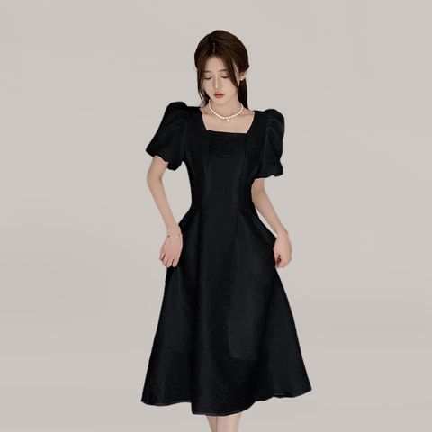 POMTOR 여성용 스퀘어넥 플라워 퍼프소매 원피스, 블랙, L