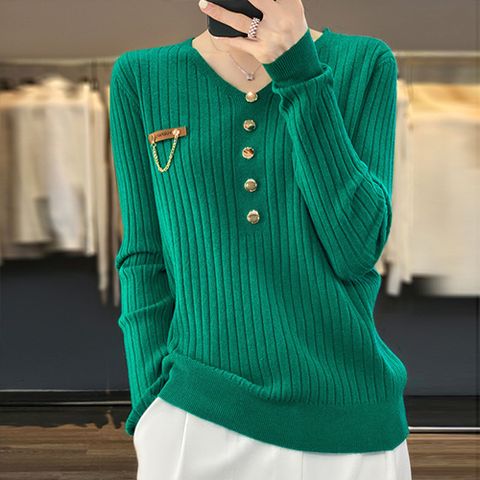 데일로엔 여성 브이넥 버튼 포인트 골지 긴팔 니트, ONE SIZE (..., 그린