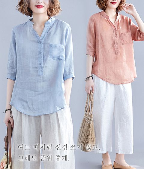 린넨 셔츠 여성 린넨 반팔티 여성 패션 반팔티 여성 캐주얼 반팔티, 오렌지, 3XL【70-80k...