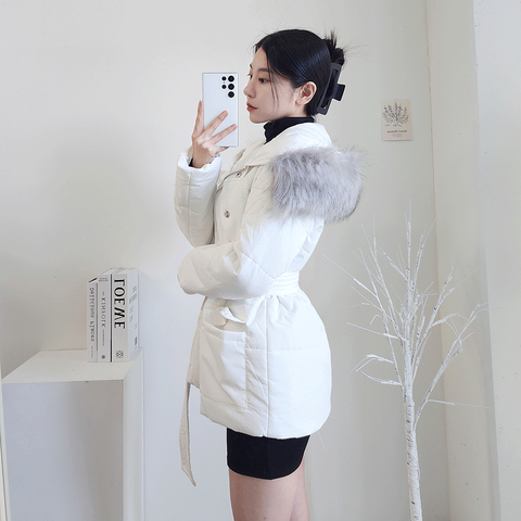 [겨울에도 개미허리/최저가] 풍성 퍼 벨트 숏 웰론 패딩 (연말룩 데일리룩 데이트룩 겨울 폭스퍼 벨트 숏패딩 웰론패딩 슬림패딩), FREE, 블랙