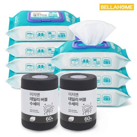 [1세트] 벨라홈 세균잡는 행주티슈 총7팩(팩당80매)+수세미 2롤(롤당 60매)