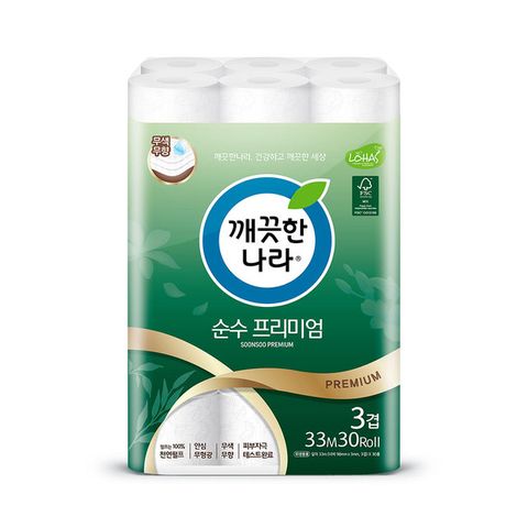 깨끗한나라 3겹 데코 순수 프리미엄 화장지 33m 30롤 1팩