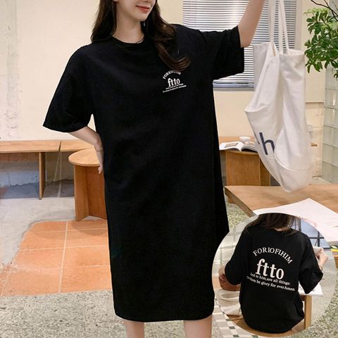 루즈핏 FTTO레터링 반팔 롱원피스 2컬러