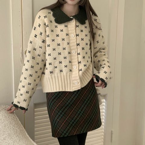[브리치]  / 카라넥 작은 꽃무늬 패턴 루즈핏 니트 가디건