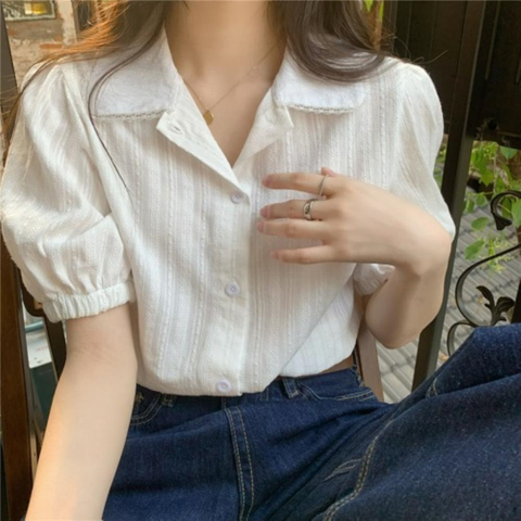 여자 남방 반소매 흰색 벌룬 카라 블라우스