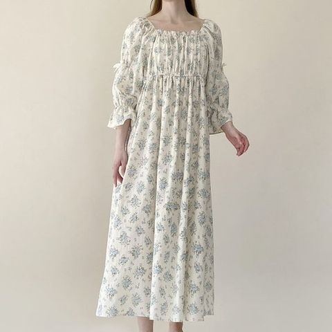 [하프클럽/시크빈]로즈리본 프릴스퀘어넥 롱원피스 7부잠옷 여성파자마 실내복 홈웨어