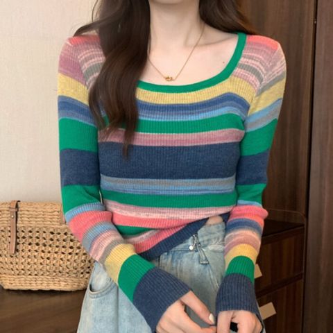 [브리치] 나바바 / NK2879 슬림 단가라 배색 스퀘어넥 긴팔 니트티