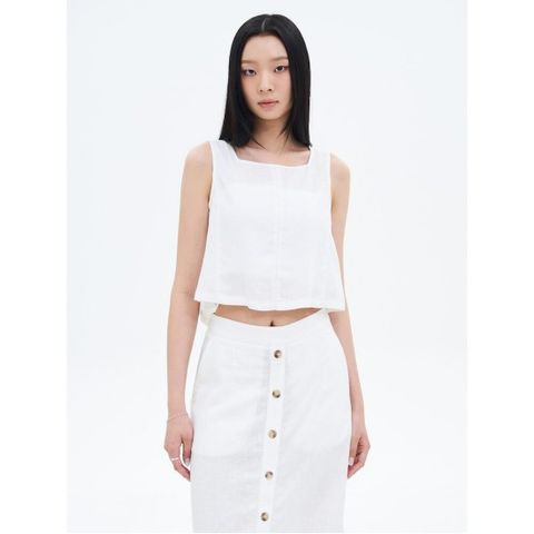 리넨 스퀘어넥 슬리브리스 탑 블라우스  화이트 (325565LY11)