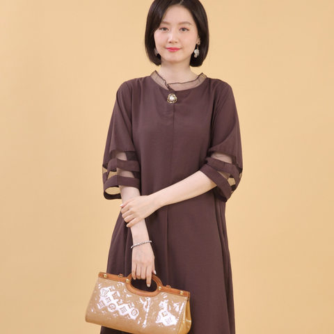 마리아 시스루 배색 브로치 여름 칠부 원피스 K06307
