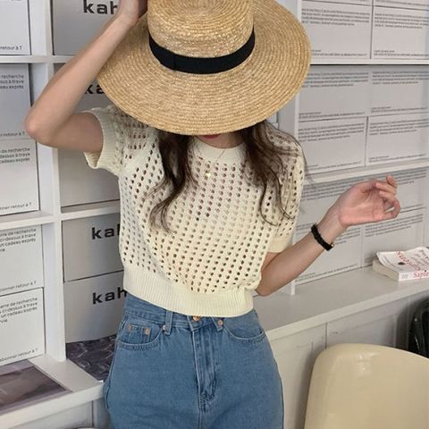 [브리치]  / 뜨개 짜임 시스루 펀칭 크롭 여름 니트 반팔티 19025
