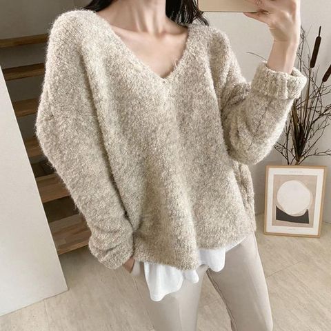 [하프클럽/옷자락]여자 가을 데일리 데이트 울 브이넥 긴팔 니트티셔츠