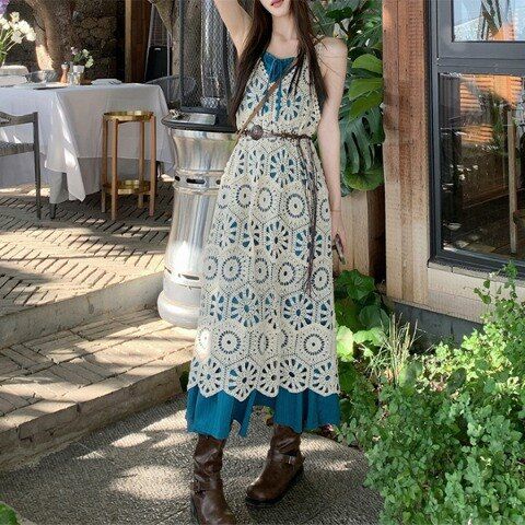 크로셰짜임 민소매 보헤미안룩 나듀아원피스세트