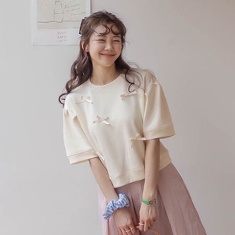 플로라 리본 퍼프소매 맨투맨 티