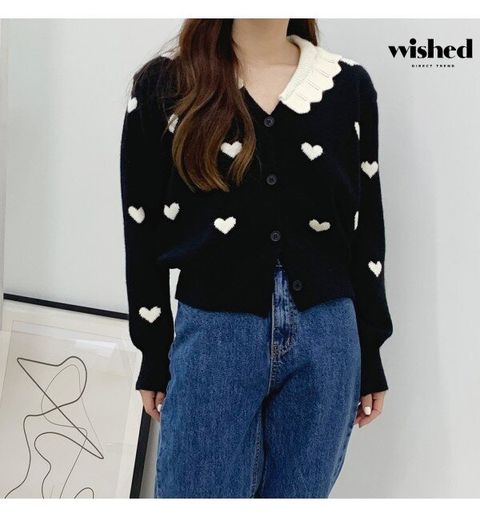 물결 카라넥 하트 배색 포인트 가디건 (WIADCD057)