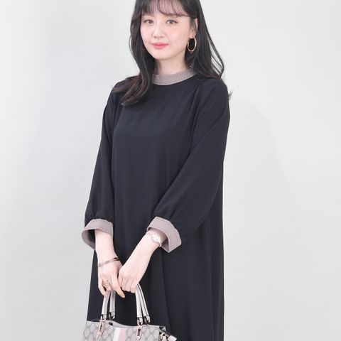 엄마옷 호시 스티치 배색 하이넥 하객룩 도톰한 정장 봄 가을 겨울 긴팔 롱 원피스 K12418