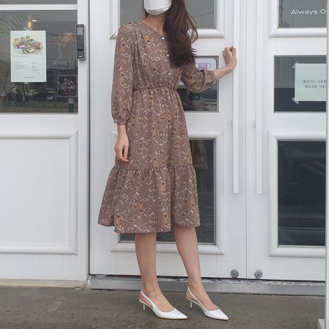 브이넥 쉬폰 패턴 나염 긴팔 봄 가을 프릴 빅사이즈 40대 50대 중년 미시 결혼식 하객룩 밴딩 퍼프 소매 롱 원피스 보헤미안
