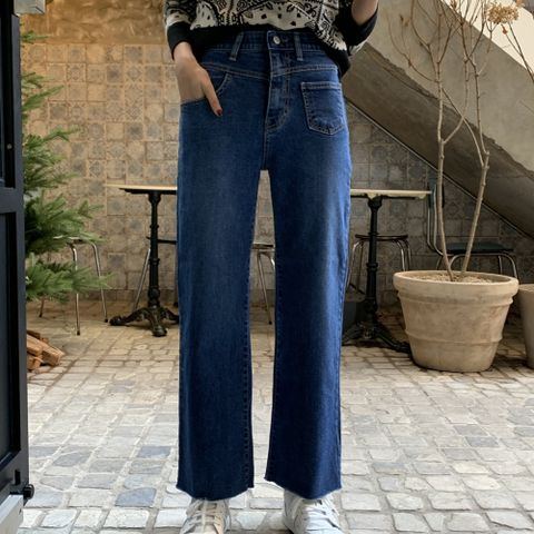 여자 봄 여름 스판 히든밴딩 유니크 언발 포켓 통청바지 간절기 핏이 예쁜 편한 와이드 데님팬츠