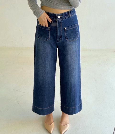 여성 스판 밴딩 앞포켓 9부 와이드 데님팬츠 통청바지