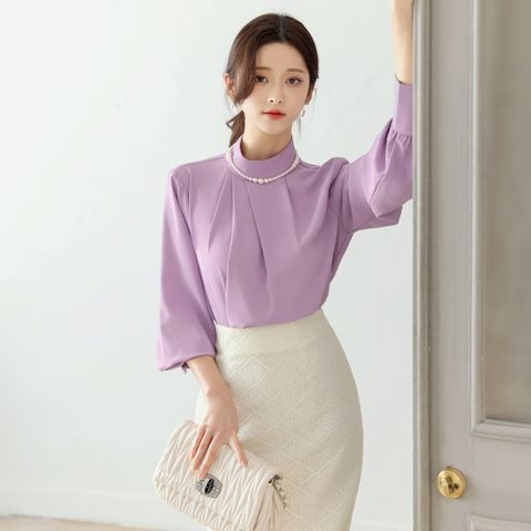 실라보 하프넥 드레이프 셔링 볼륨 소매 블라우스 빅사이즈/오피스룩/하객룩