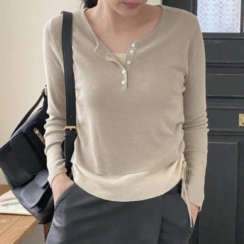 여자 봄 가을 레이어드 사이드 셔링 긴팔 니트