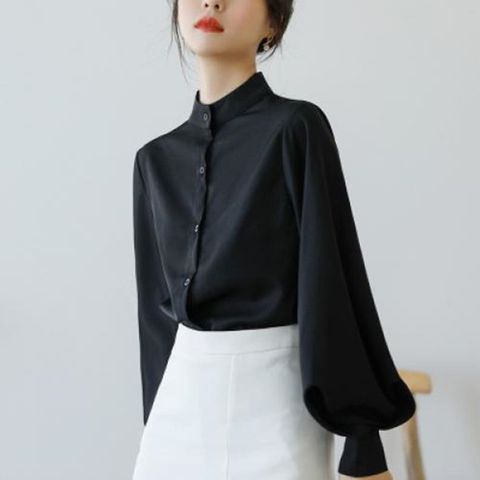 F09114 깔끔 풍성한 볼륨 소매 하이넥 블라우스 B/L 공주풍블라우스 비숍소매블라우스