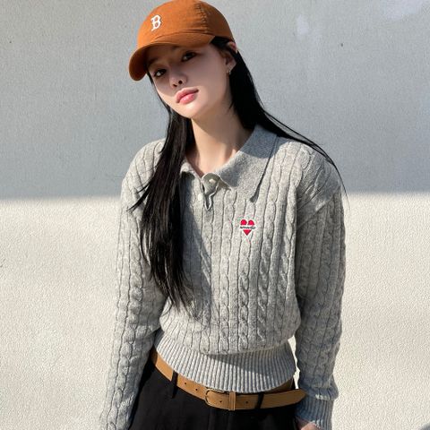 [최초가 79,000원] [WOMENS EDITION] 노맨틱 캐시미어 블렌디드 케이블 피케이 카라 니트 그레이
