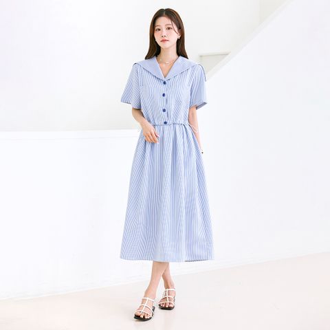 스트라이프 세일러 카라 시어커서 썸머 원피스_2color