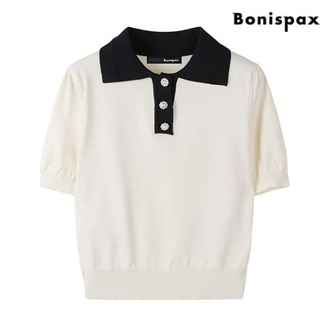 정상가:59,000원 | 배색 카라 비스코스 진주 버튼 반팔 니트 (XO1KT026L0)