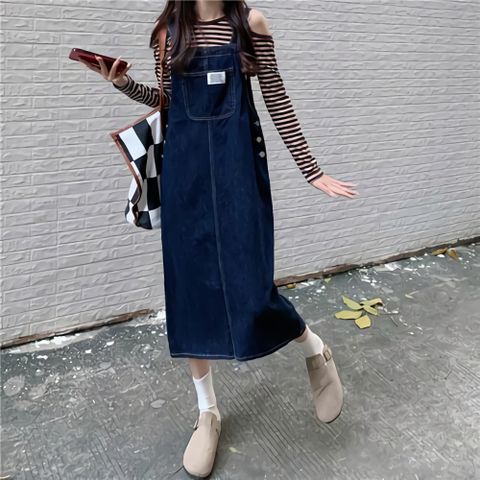 [SALE] 여성 오피 봄봄 데님 멜빵 롱 원피스 드레스