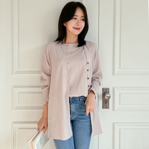 여성 봄 가을 골지 면 빅사이즈 민소매 나시 브이넥 롱 가디건 셋트 캐주얼