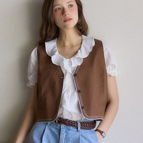 [아워호프] Atelier Embroidery Linen Vest - Brown [H25SM2-VT001-BRO]