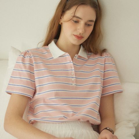 [아워호프] Stripe Shirring Pique T-Shirt - Pink [H25SP2-TS33-PIN]