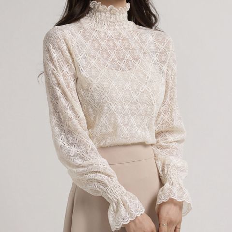여자 봄 여름 가을 겨울 셔링 레이스 목폴라 시스루 블라우스 간절기 티셔츠 이너티 속티