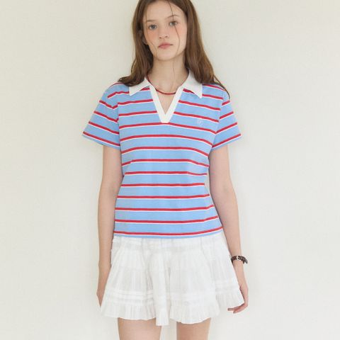 [아워호프] Rory Stripe Collar T-shirt - Sky blue [H25SM1-TS60-SBL]