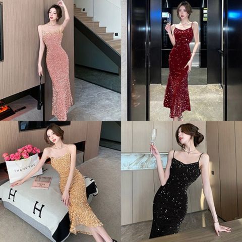에퀴르 여성 파티 클럽 벨벳 스팽글 슬림핏 예쁜 나시 롱원피스