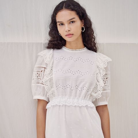 Cotton Lace Puff-sleeve Dress