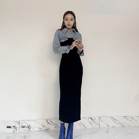 크롭 데님 맥시 원피스