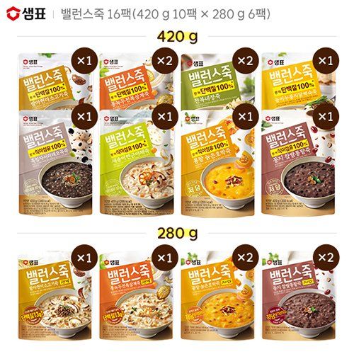 샘표 밸런스죽 세트 총 16팩(420g x 10팩 + 280g 6팩)